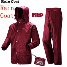 ชุดกันฝน เสื้อกันฝน มีแถบสะท้อนแสง (เสื้อแบบมีฮูท+กางเกง) - สีแดงเข้ม