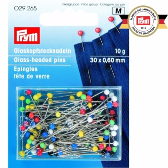 เข็มหมุดหัวแก้ว ทนความร้อนจากเตารีด สามารถรีดทับได้โดยไม่ละลายยี่ห้อ Prymกล่องบรรจุ 10 g