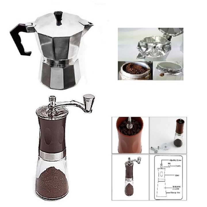 sayrung9shop moka pot หม้อต้มกาแฟสด 6 cupและที่บดกาแฟมือหมุน สีเงิน