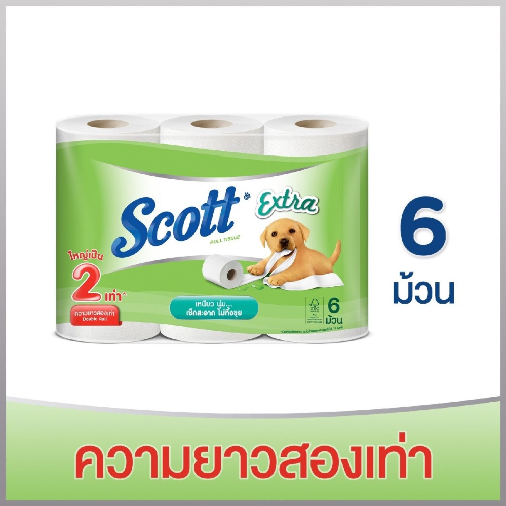 Scott Extra กระดาษทิชชู่สก๊อตต์ เอ็กซ์ตร้า ความยาวสองเท่า 6 ม้วน (กระดาษชำระ)