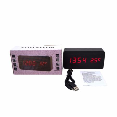 Wooden Clock นาฬิกาดิจิตอล นาฬิกาปลุก ลายไม้ ปฏิทินเครื่องวัดอุณหภูมิ [ไม้โอ๊คดำ ไฟสีแดง]