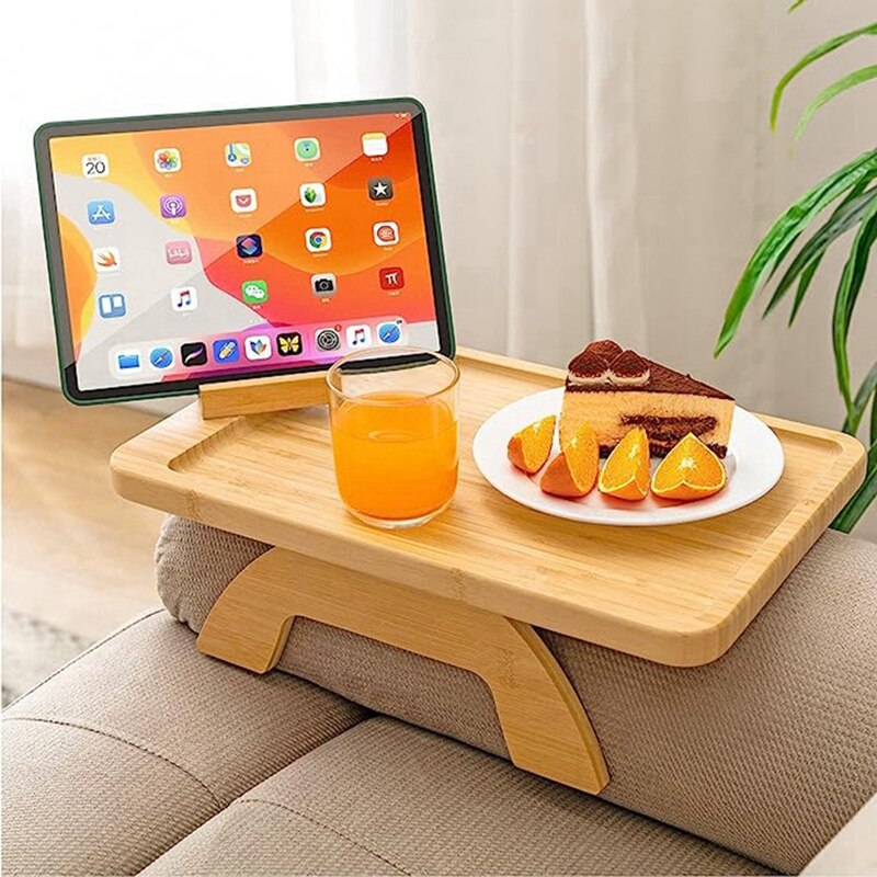Bamboo Sofa Tray Table Clip on Side Table for Wide Couches Arm, Foldable Couch Tray with 360° Rotating Phone Holder