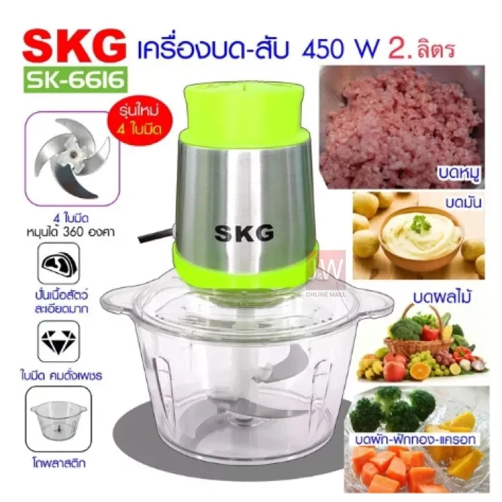 รุ่นใหม่ เครื่องปั่น SKG 6616 เครื่องบด สับ เครื่องปั่นพริก เครื่องบดเนื้อ 4ใบมีด 2ลิตร โถปั่น เครื่องผสมอาหาร ประกัน1ปี