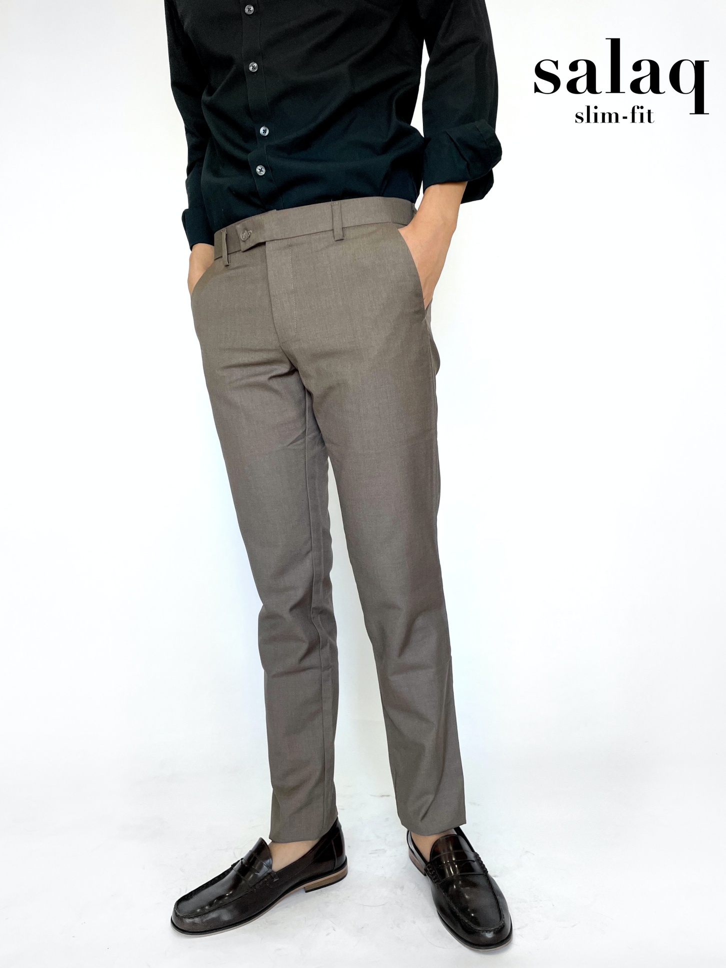 salaq [แจกโค้ดส่วนลด] กางเกงสแล็คทำงาน ผ้าตัดสูททรงกระบอกเล็ก สีเบจเข้ม กางเกงขายาว กางเกงสุภาพผู้ชาย  กางเกงทางการ