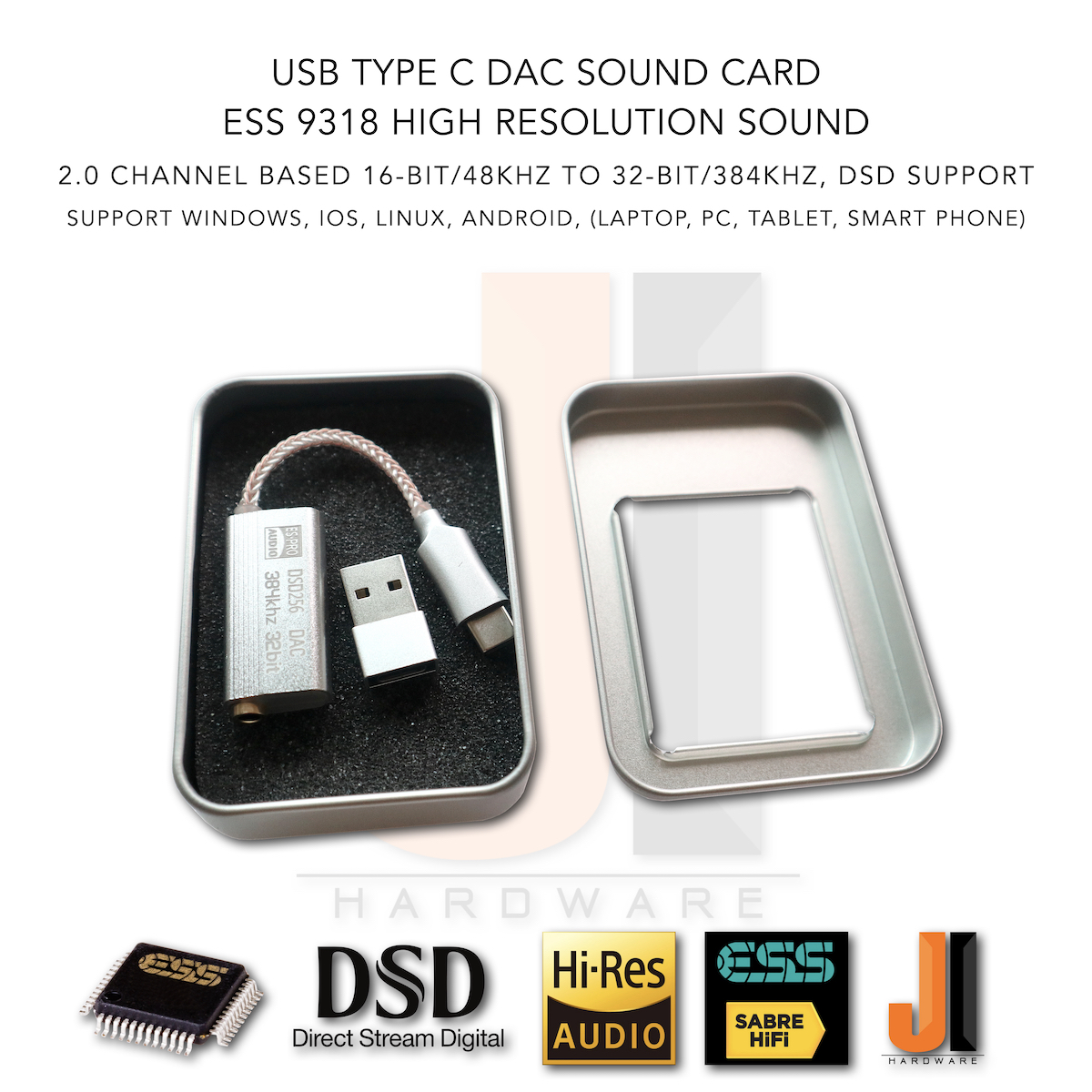 USB type C DAC sound card ESS 9318 high resolution sound for PC, Tablet, Laptop, Smart Phone (Support iOS, Windows, Android) ของใหม่มีกล่องใส่