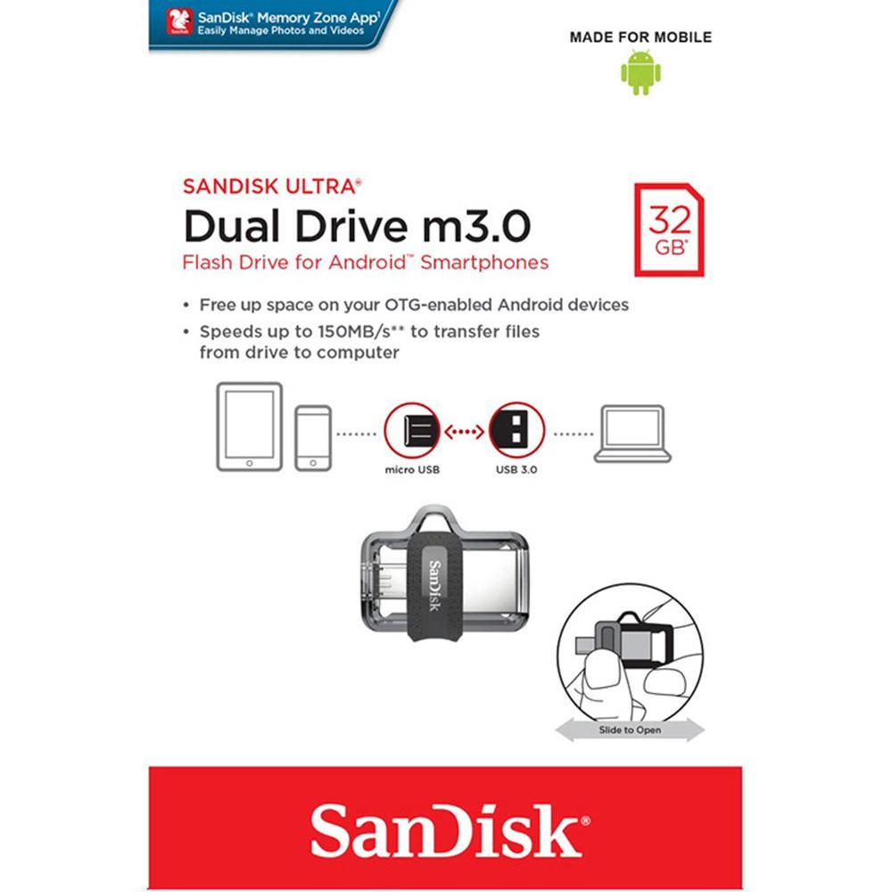 SanDisk Ultra Dual Drive USB3.0 OTG 32GB Flash Drive (SDDD3_032G_G46) แฟลชไดร์ฟ สำหรับ โทรศัพท์ สมาร์ทโฟน และ แท็บเล็ต Android เมมโมรี่ แซนดิส ประกันโดย Synnex รับประกัน 5 ปี