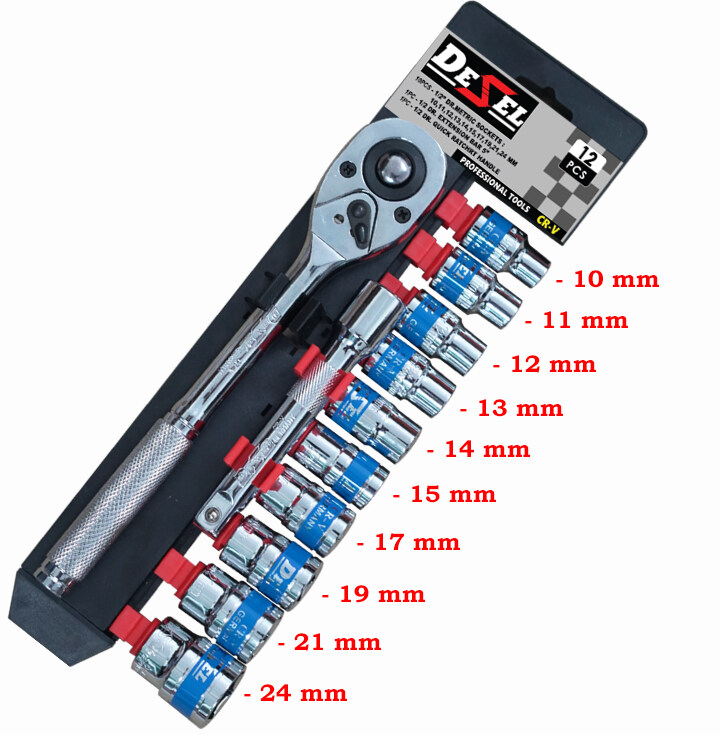Desel ชุดเครื่องมือ ประแจ ชุดบล็อก (10-24 mm) 12 ชิ้น ขนาด 1/2 Socket Set