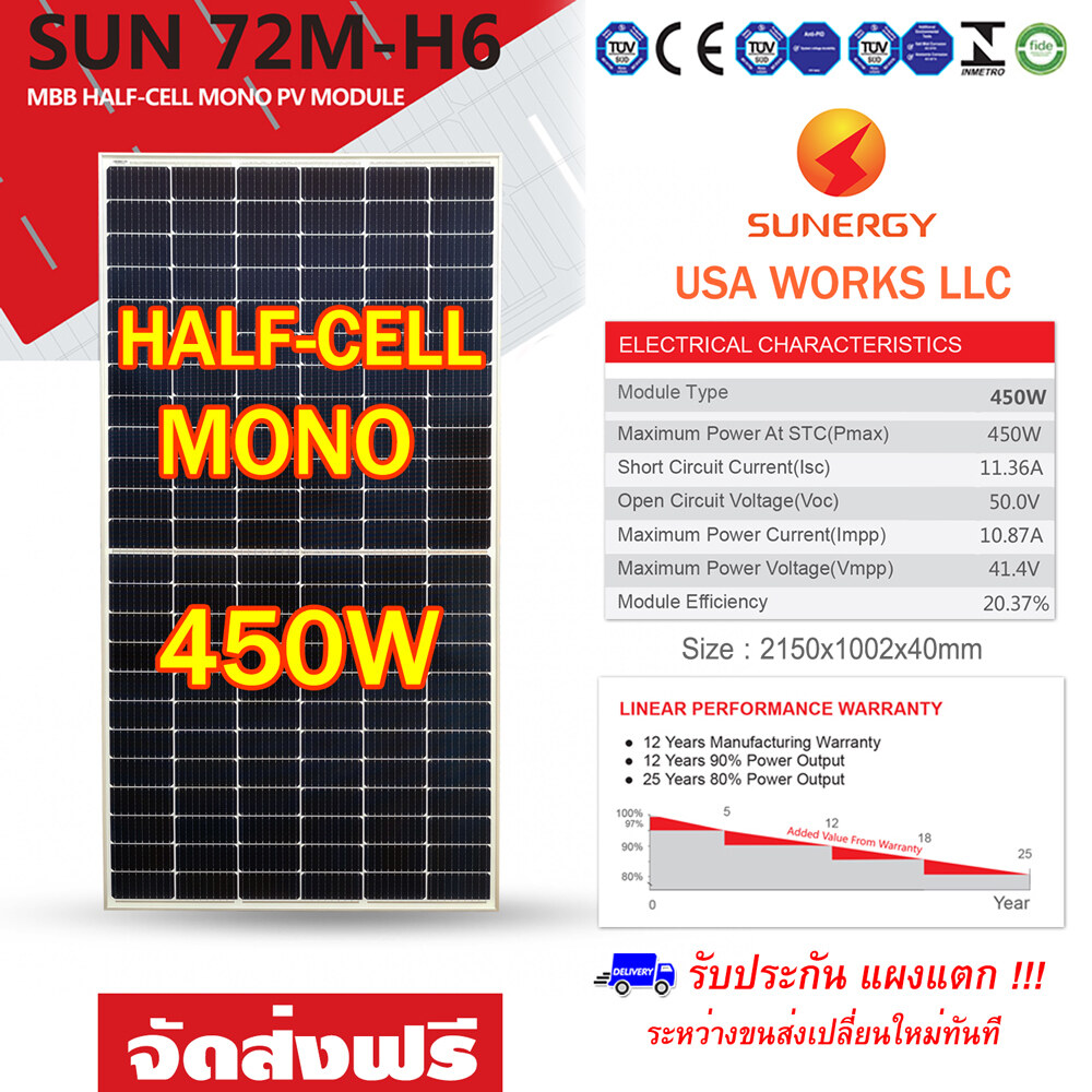 (ส่งฟรี) Sunergy แผงโซล่าเซลล์ Mono 450W Half Cell รุ่น SUN450-72M-H6