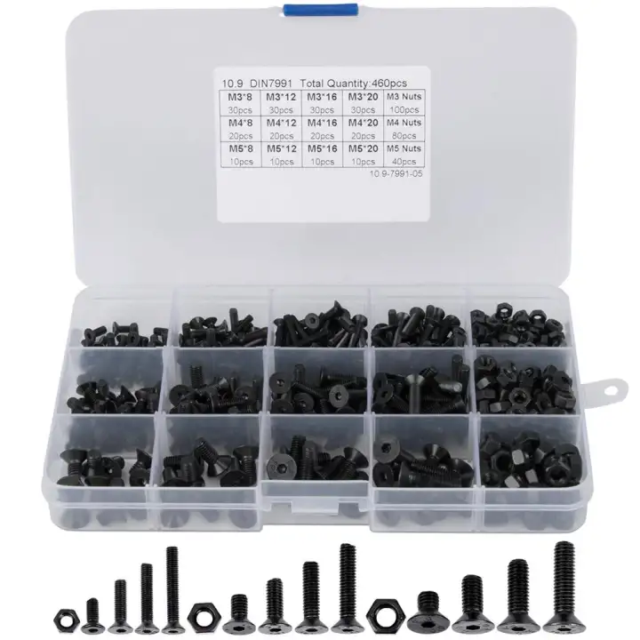 460pcs M3 M4 M5 Alloy Steel Countersunk Flat Head Hex Socket Cap Screws Nuts Set Assortment Kit Precise Metric Bolts Nuts Set Lazada Singapore
