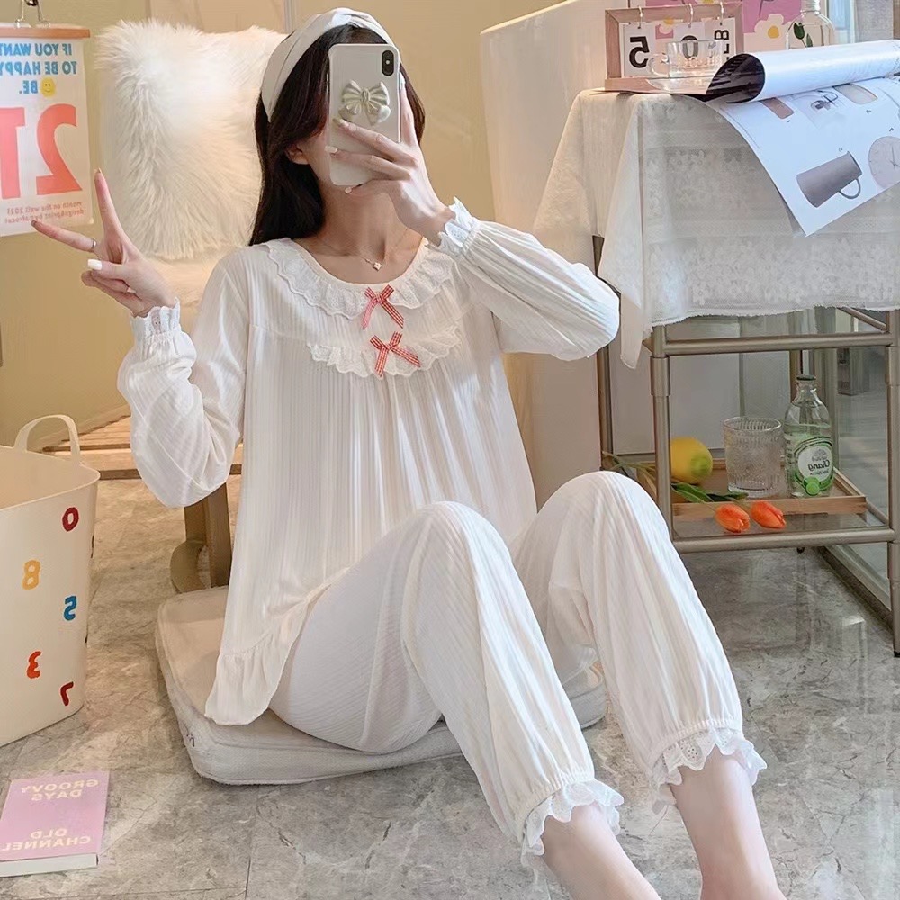 ชุดนอน ชุดนอนผู้หญิง ชุดนอนแขนยาวขายาว ชุดนอนผู้ใหญ่ แต่งโบด้านหน้า สไต ...