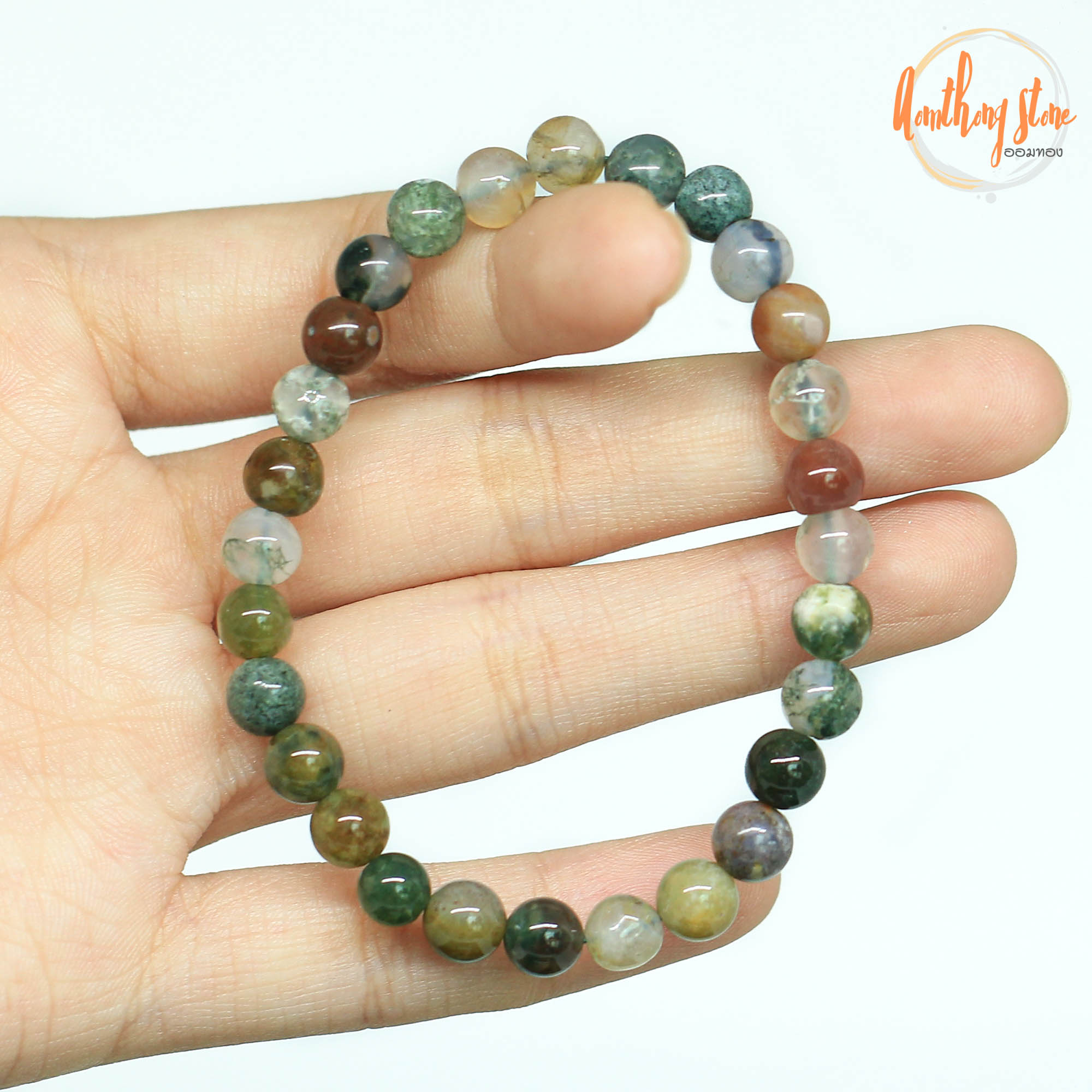 Aomthong กำไลหิน มอสอาเกต หินหยก 5 สี Moss Agate ขนาด 6 มม. หินมงคล หินแห่งความมั่งคั่ง ช่วยดึงดูดความอุดมสมบูรณ์ หินสี หินสีเขียว กำไลหินนำโชค