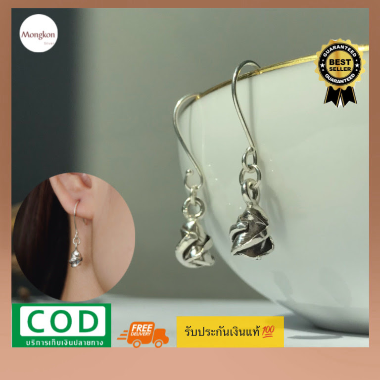 ต่างหูตูมกุหลาบเงินแท้99.9% rosebud  earrings handmade in silver 99.9% , Retro style Chiang Mai