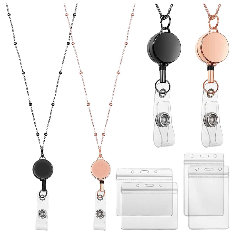 2 Pcs Retractable Badge Reel Lanyard with ID Holder Necklace Lanyard