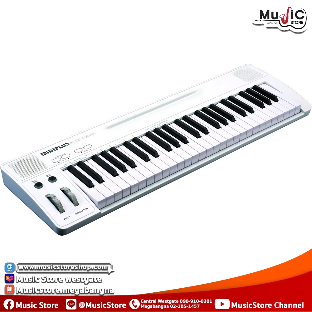 เปียโนไฟฟ้า Midiplus Easy Piano 49 keyกับสเป็คมาเต็ม คีย์มีนํ้าหนักแบบ Semi Weight, คีย์สามารถเล่นหนักเบาได้ ( Velocity Sensitive ) และมาพร้อมลำโพงในตัว