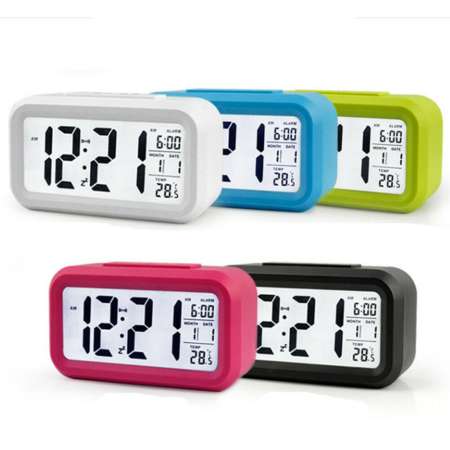 นาฬิกาปลุก พร้อมแสดงอุณหภูมิ เวลา วันที่ เดือน และสัปดาห์ จอ LCD ขนาดใหญ่ ปรับความสว่างอัตโนมัติ เปลี่ยนถ่านปีละครั้ง ขนาด 138*80*45mm