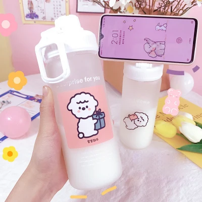 【Pinkpanda】water bottle Lovely cartoon frosted glass drink bottel Water bottle for running Portable sports bottel Water cup Capacity 500 ml