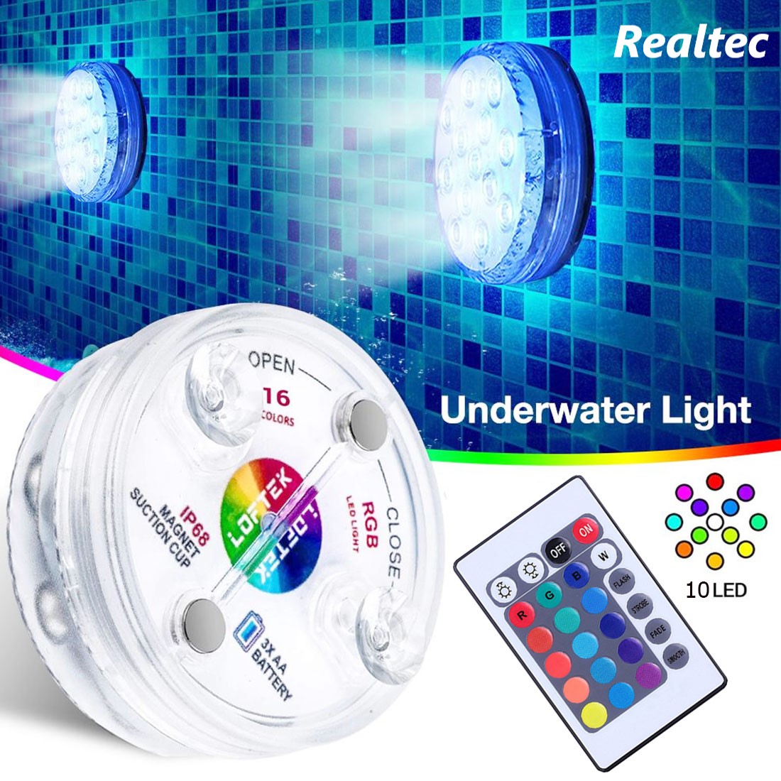 การควบคุมระยะไกลไร้สาย LED หลายสีสปอตไลกันน้ำพรรคโคมไฟตกแต่งแสง ใช้ได้ทั้งภายนอกและใต้น้ำ underwater light 1pcs/4pcs Realtec