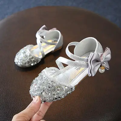 Summer Children Girl Sequins Princess Sandals Pearl Bow Soft-Soled Shoes First Walkers