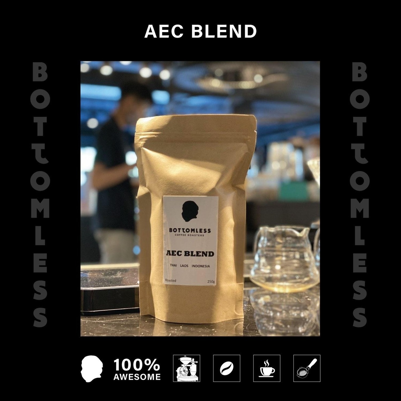 [Bottomless] เมล็ดกาแฟคั่ว บอททอมเลส - AEC Blend (ไทย-ลาว-อินโดนีเซีย) คั่วกลาง ขนาด 250 กรัม ( AEC Blend (Thai-Laos-Indo) Roasted Coffee Beans - Medium Roast ) (100% Arabica)