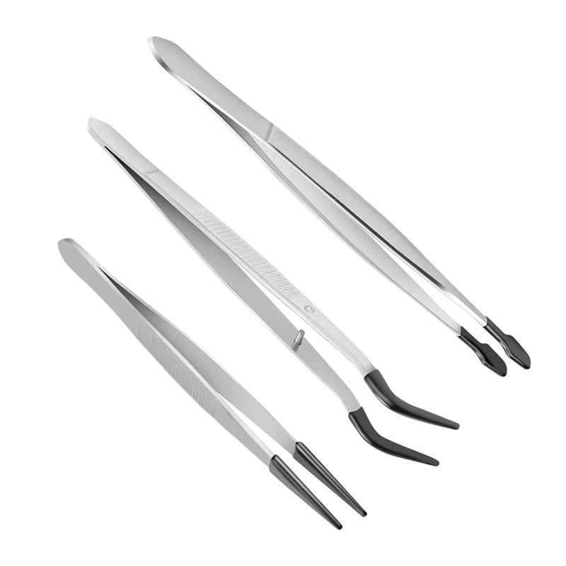3 Pcs Rubber Tipped Tweezers, 6Inch Straight Flat Tweezers & 6Inch Bent Tip  Tweezers & 4.7Inch Pointed Tweezers
