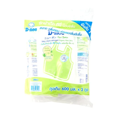 ดีนี่ น้ำยาซักผ้าเด็ก กลิ่น Organic Aloe Vera สีเขียว 600 มล. x 3 ถุง/D-Nee Baby's Liquid Detergent, Organic Aloe Vera Scent Green Color 600 ml. X 3 bags