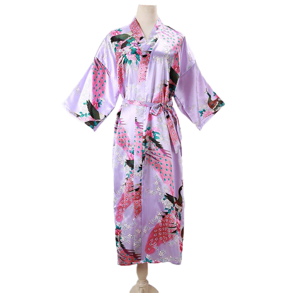 DEWANG Dressing Gown Kimono Con công Lụa Áo choàng Quần áo ngủ Quần áo ngủ Áo choàng ngủ Áo choàng tắm