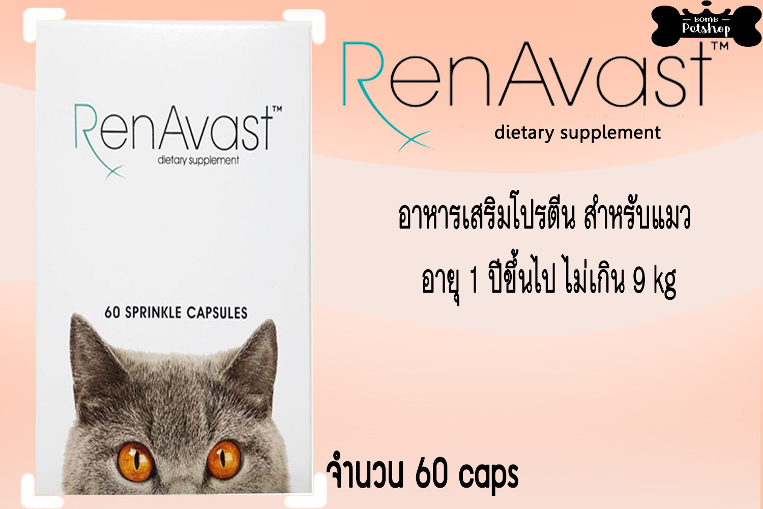 Renavast for cat อาหารเสริมโปรตีน สำหรับแมว อายุ 1 ปีขึ้นไป ไม่เกิน 9 กก. จำนวน 60 caps