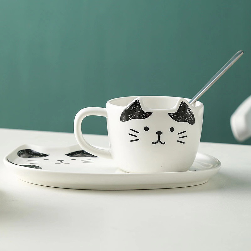 ชุดเซตแก้วเซรามิค ลายแมว รุ่น cat cup แก้วน้ำพร้อมจานรองและช้อนสำหรับคน แก้วน้ำ แก้วกาแฟ แก้วน้ำชา แก้วกาแฟน่ารัก