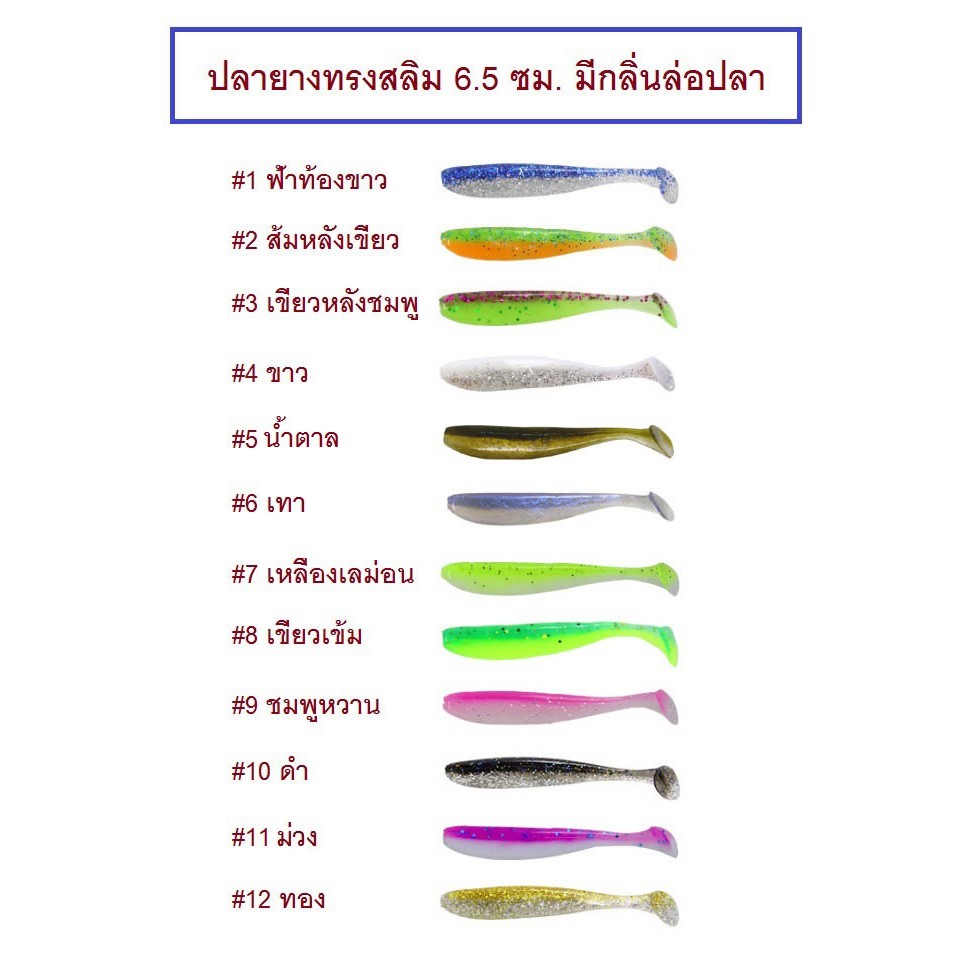 Tabtim Shop  ตกปลา ตกเบ็ด จับปลา หาปลา [[ Pong Fishing ]] ปลายางทรงสลิม ผสมกลิ่นล่อปลา ขนาด 6.5 ซม. 1.8 กรัม เนื้อยางอย่างดี นุ่มนิ่ม (1 ซอง 10 ตัว) ลองดูครับ อุปกรณ์ตกปลา เหยื่อตกปลา เบ็ดตกปลา