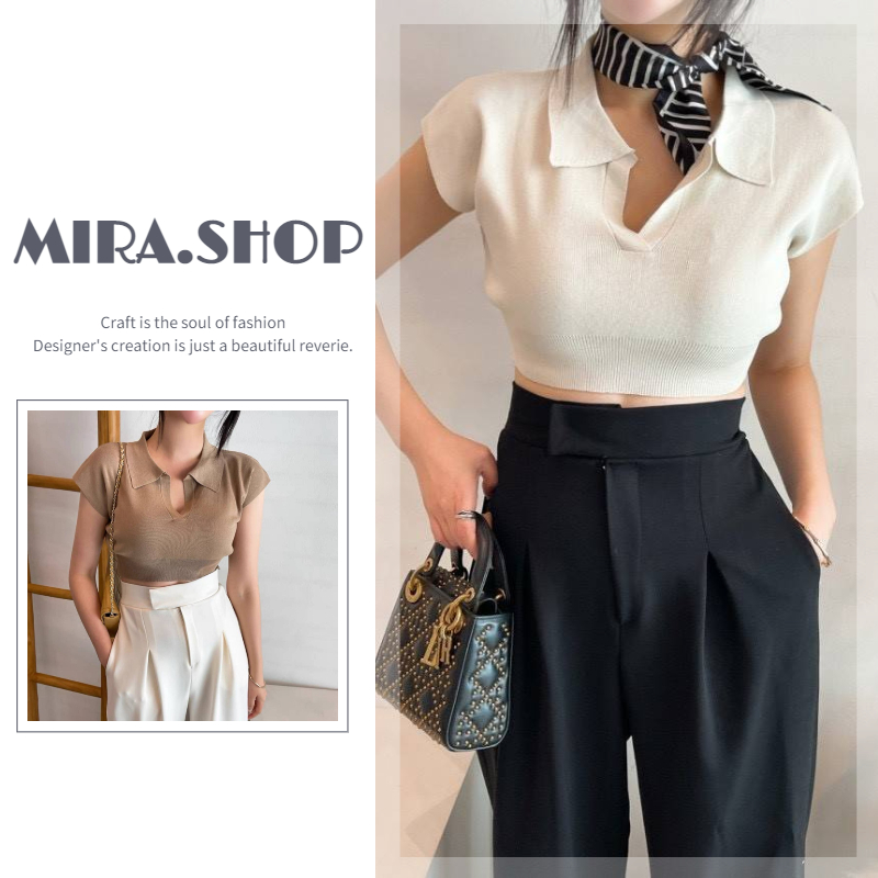 Miea.shop เสื้อคอปกไหมพรมคอวีแขนตัดBZ238#