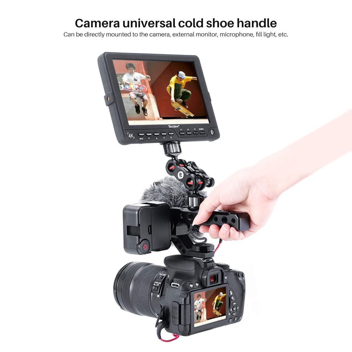 R005 Camera Top Handle Camera Top Cheese Handle Grip Universal Video Stabilizing Rig W 3 Cold Shoe Adapters to Mount Microphone, LED Light, Monitor, Easy Low Angle Shoots Metal