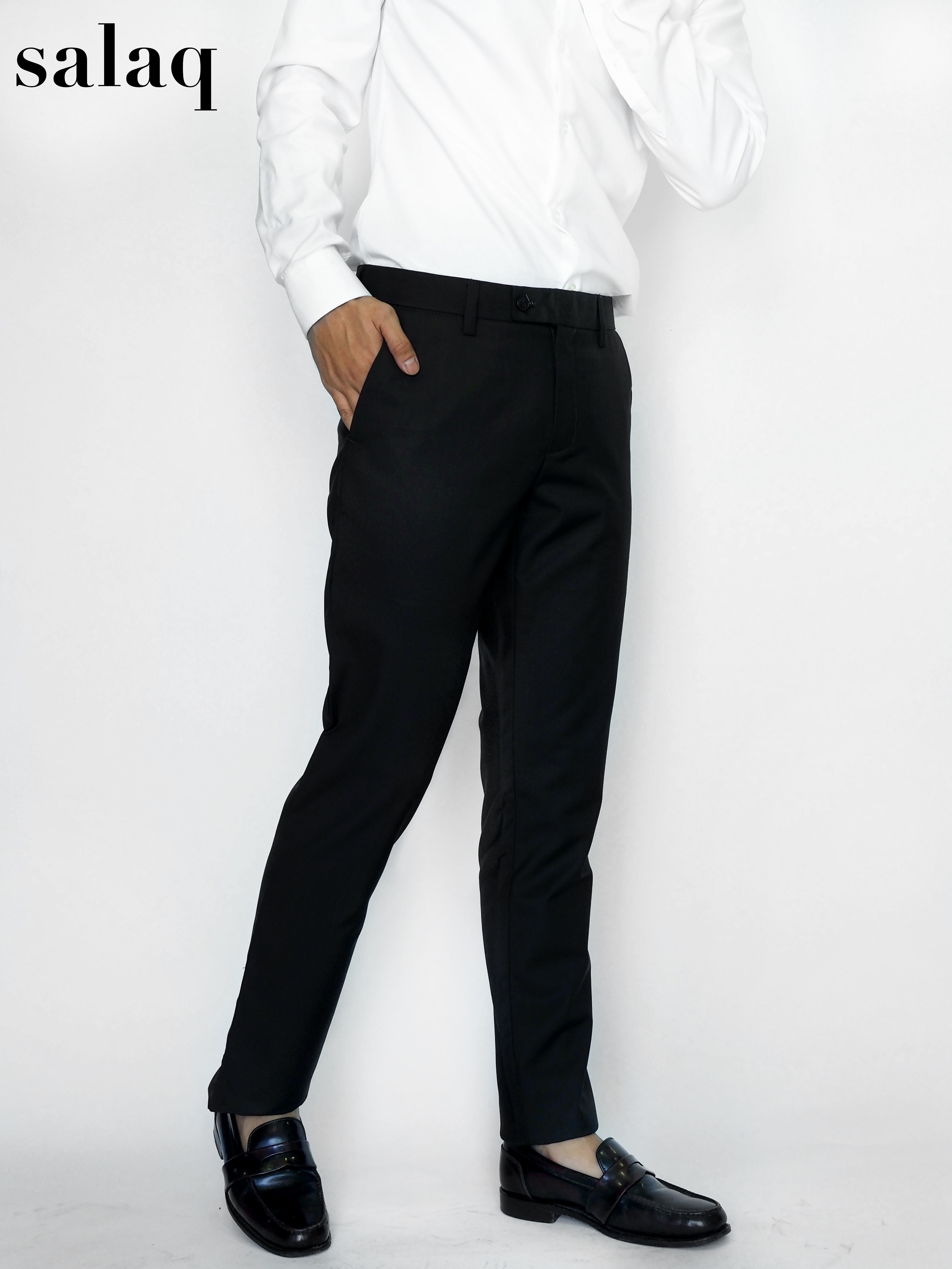 salaq [แจกโค้ดส่วนลด] กางเกงสแล็คทำงาน ผ้าตัดสูททรงกระบอกเล็ก กางเกงขายาว กางเกงสุภาพผู้ชาย  กางเกงทางการ สีดำ