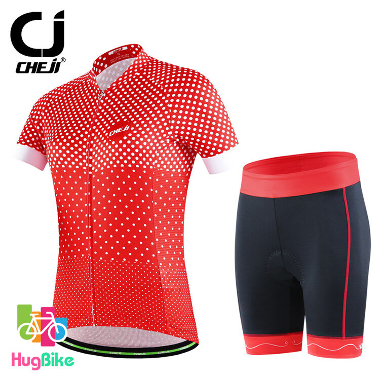 ชุดจักรยานผู้หญิงแขนสั้นขาสั้น CheJi 16 (17) สีแดงลายจุด