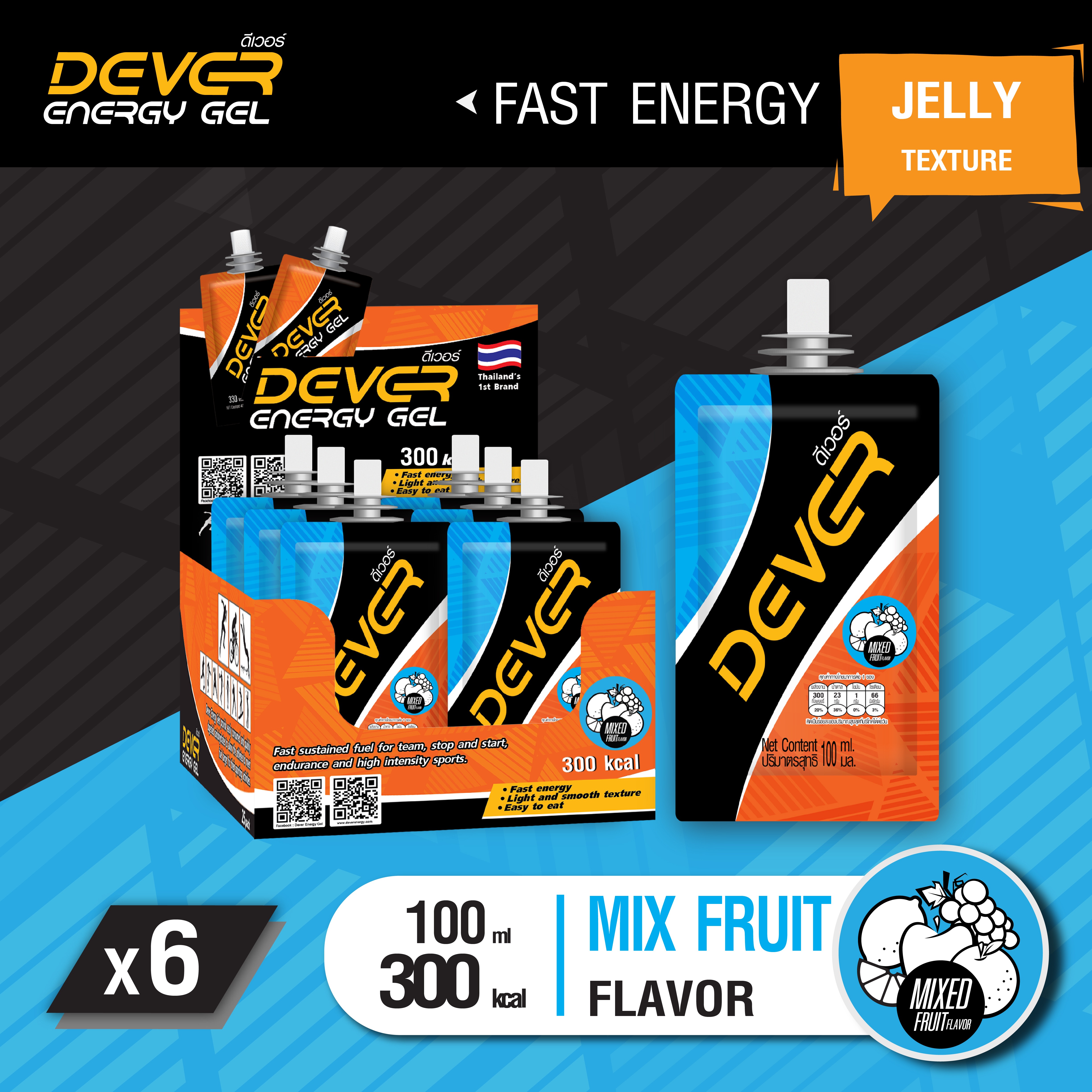 DEVER ดีเวอร์ (vital energy) เครื่องดื่มเยลลี่ให้พลังงาน เกลือแร่ เจลพลังงาน สำหรับนักวิ่ง นักปั่น นักกีฬา ออกกำลังกาย energy gel > 100 ML ผลไม้รวม 6 ซอง