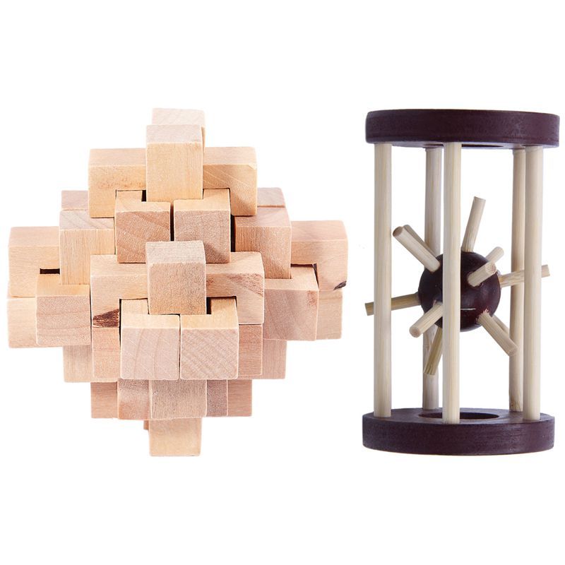 2pcs Wood Puzzle Brain Teaser Toy Games :1pcs Interlocking Puzzle & 1pcs Tetrakaidecahedron Lock Logic Puzzle