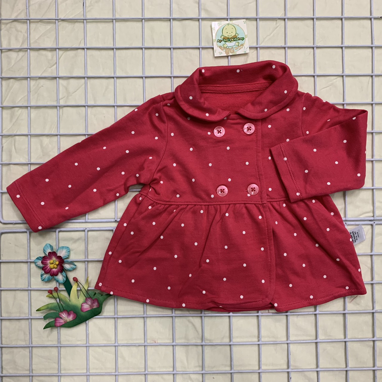 เสื้อคลุมเดี่ยวสีแดงลายจุด ไซส์6-9,18-24เดือน ผ้าใส่กันหนาว Cotton100%