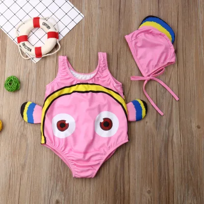 2021 Brand New Toddler Kids Baby Girls Big Ears Goldfish Swimwear Swimsuit Swim Beachwear Swimming Romper Cap 2PCS Bathing Suit