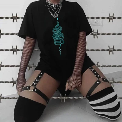 Punk streetwear hip hop cotton personality gothic snake print short sleeved T shirt Summer Fun Casual Chic Loose Women kpop tops