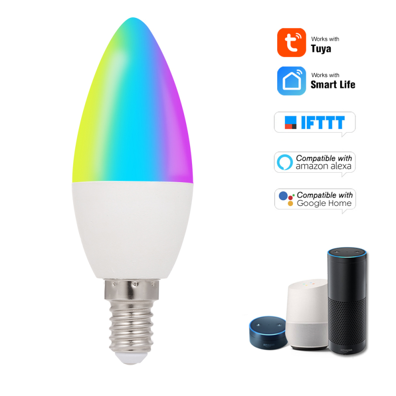 WiFi Smart Bulb RGB+W+C LED Candle Bulb 5W E14 Dimmable Light Phone APP SmartLife/Tuya Remote Control Compatible with Alexa Google Home Tmall Elf for Voice Control, 1 pack