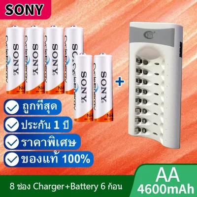 Sony ถ่านชาร์จ AA 4600 mAh NiMH Rechargeable Battery (6 ก้อน ) + BTY เครื่องชาร์จเร็ว 8 ช่อง