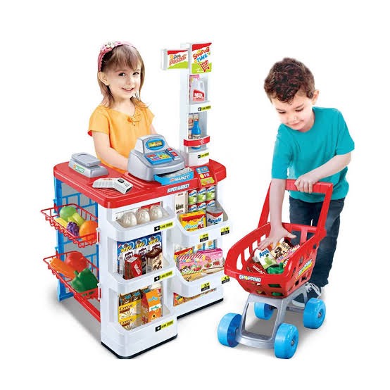 Lookmee Shop ชุดของเล่น Supermarket ซุปเปอร์มาร์เก็ตพร้อมเครื่องสแกนและรถเข็น (สีแดง)