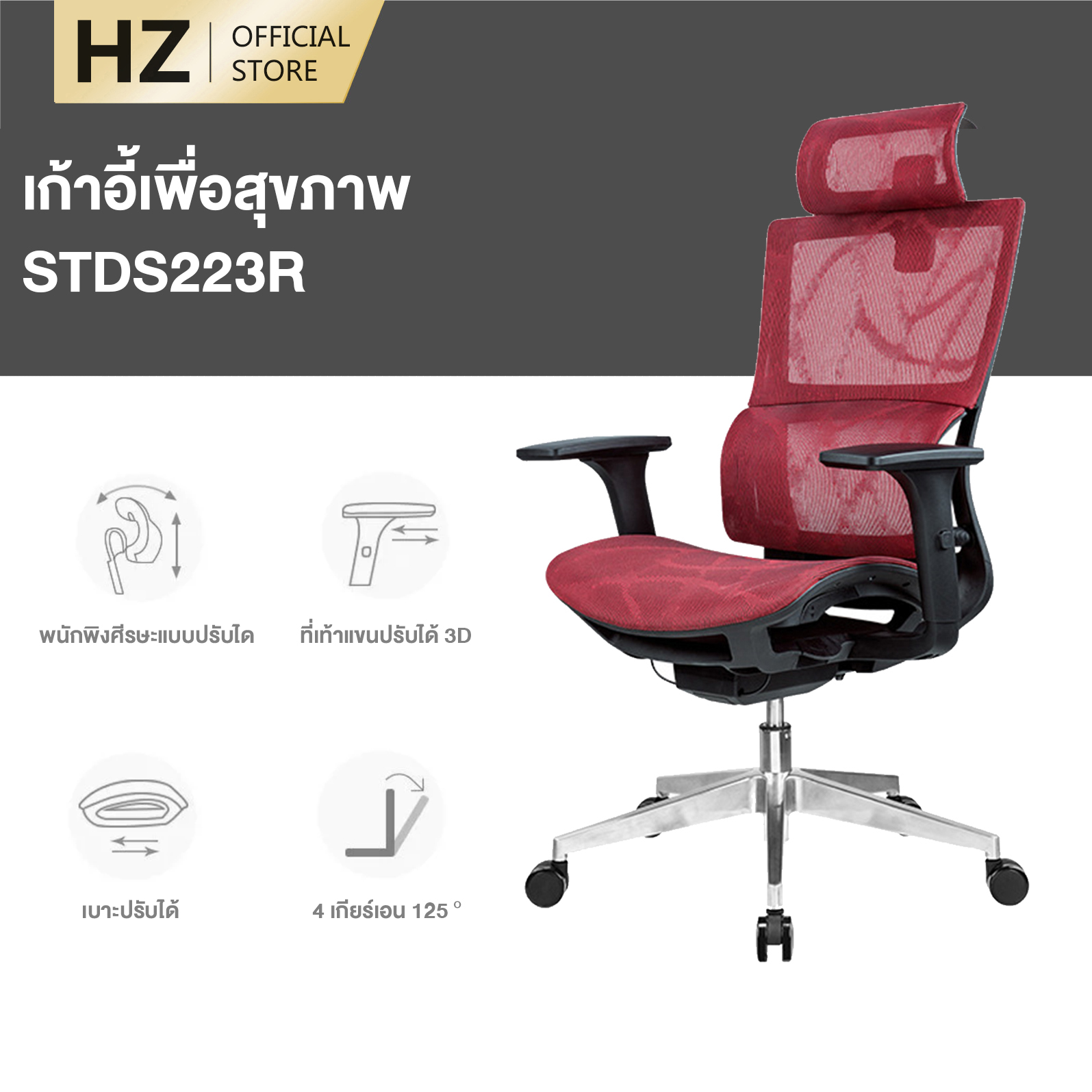 Hz Shop เก้าอี้ที่ออกแบบตามหลัสรีรศาสตร์ เก้าอี้คอมพิวเตอร์ที่นั่ง พร้อมหมอนรองเอว เก้าอี้สำนักงาน ปรับนอนได้ ระบายอากาศได้สบาย DS223