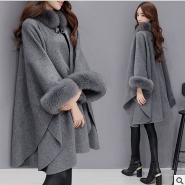 Winter Clothing Korean Style Fox Fur Collar Mid-Length Woolen Coat Temperament Cape and Shawl Coat for Women