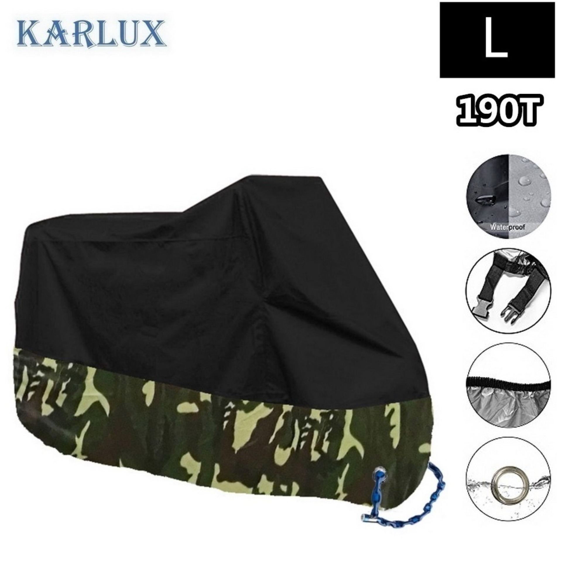 Karlux Large ผ้าคลุมรถมอเตอร์ไซค์ บิ๊กไบค์ จักยาน กันน้ำ กันแดด กันฝุ่น สีดำ/ลายทหาร Black Motorbike Waterproof Cover Protector Case Cover Rain Protection Breathable