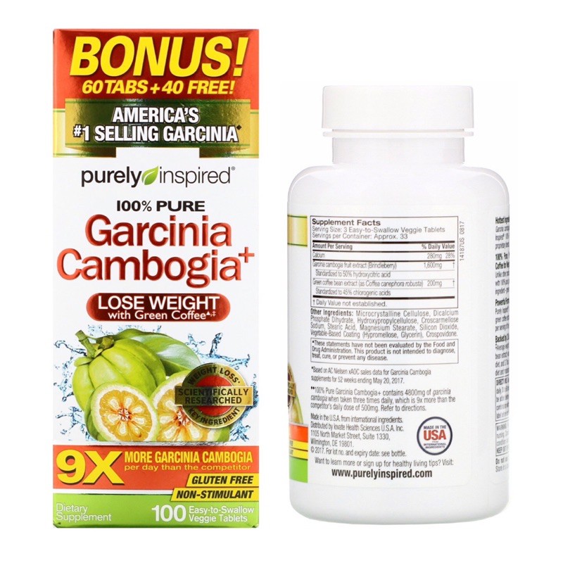 สารสกัดส้มแขก [สูตรเข้มข้น 9X] Purely Inspired, Garcinia Cambogia+, 100 Easy-to-Swallow Veggie Tablets
