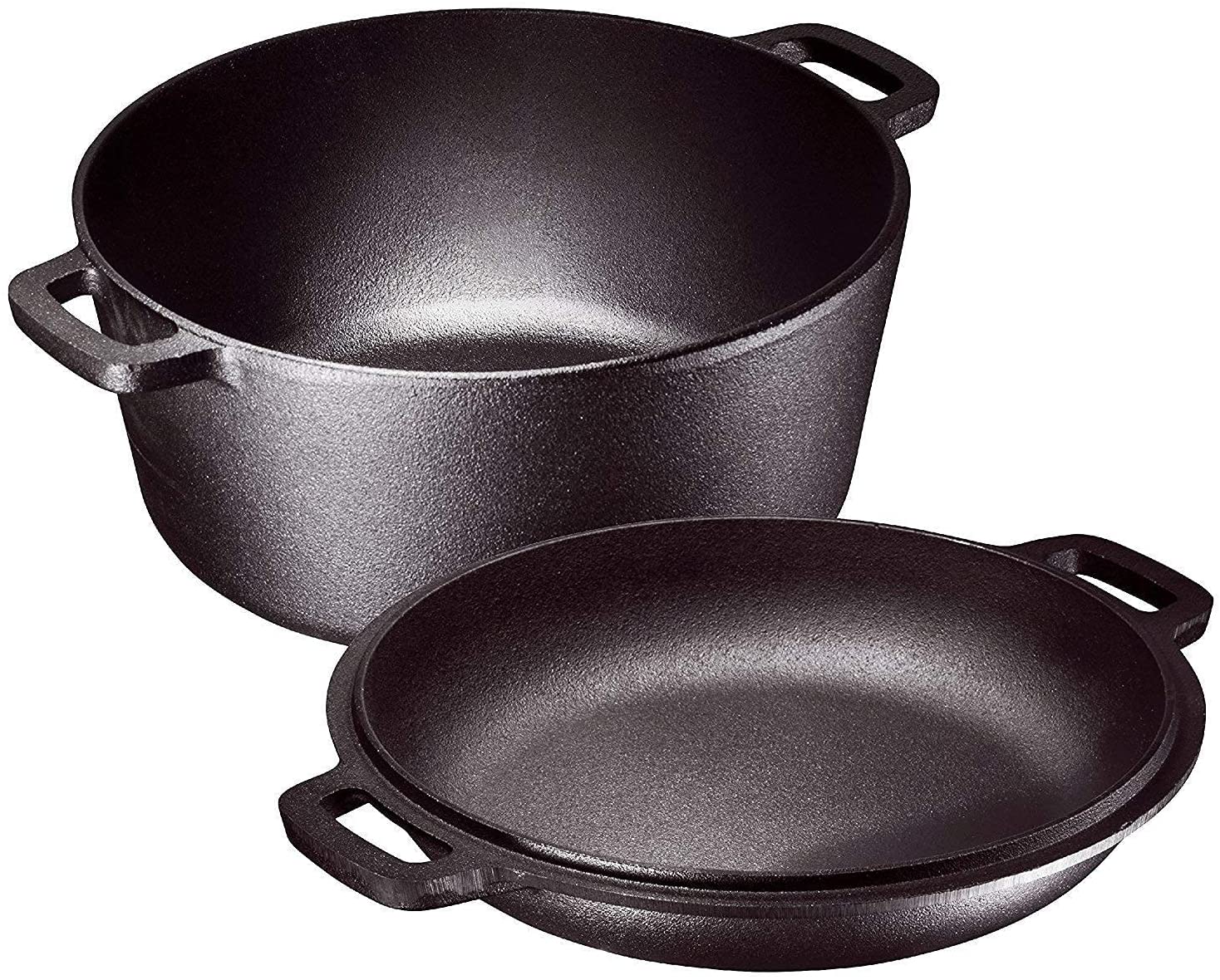 Cast Iron Dutch Oven Set - 2 In 1 Cooker, Pre-Seasoned Cast Iron Skillet - 5 Quart Casserole Pot 10 Inch Frying Pan for Bread, Frying, Cooking
