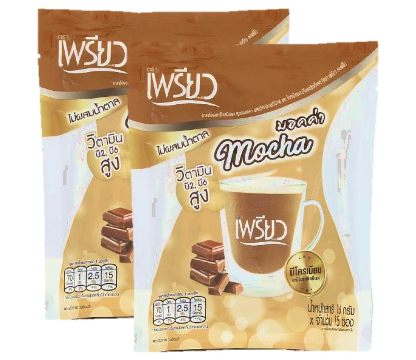 Preaw 3in1 Coffee Mix Drink Mocha Flavor เพรียว คอฟฟี่ กาแฟปรุงสำเร็จชนิด สูตรมอคค่า 16g. x 15sticks (2แพค)