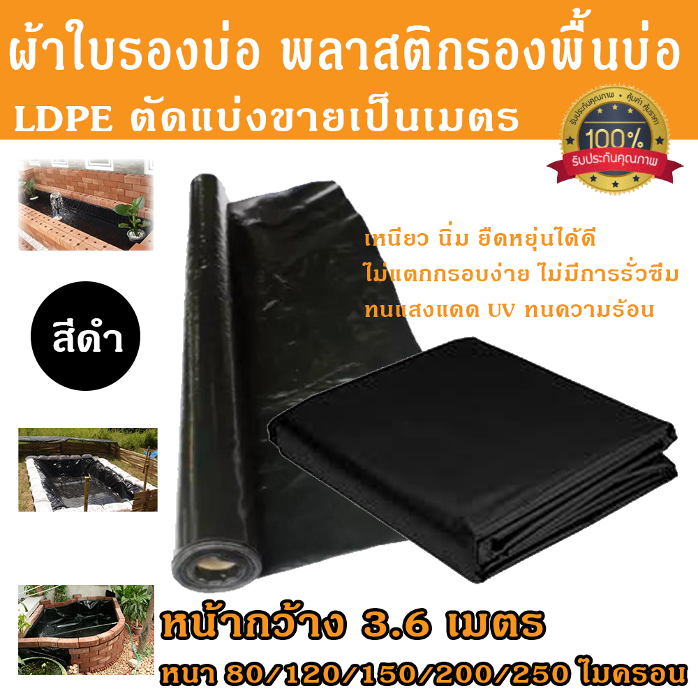 ผ้าใบรองบ่อ ผ้าพลาสติกรองพื้นบ่อ LDPE หน้ากว้าง 3.6ม. สีดำ ผ้ายางรองบ่อ ตัดแบ่งขาย/เมตร หนา80/120/150/200/250 ไมครอน ผ้าใบพลาสติกรองบ่อ