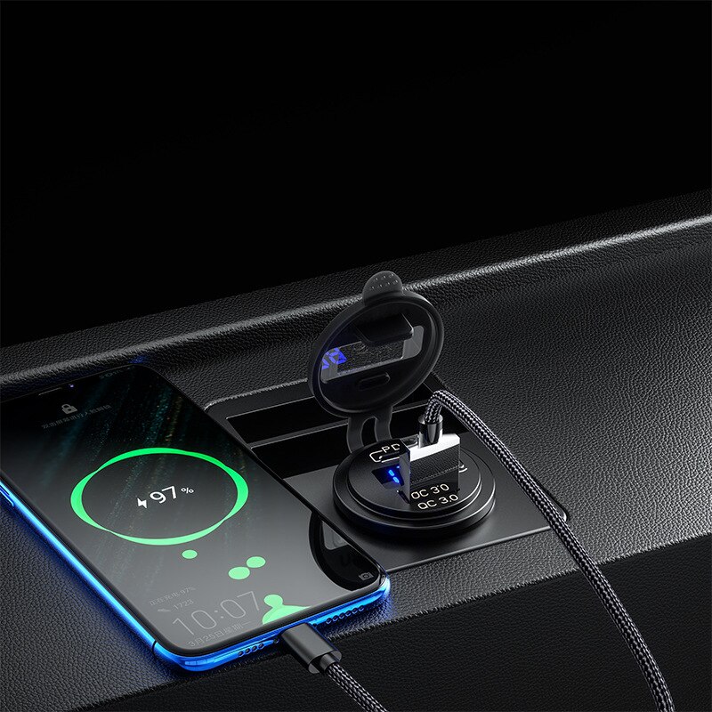 48W USB Type C Car Usb Charger Socket 12V/24V Dual USB Outlet PD3.0&QC3.0 Car Socket with LED Voltmeter and ON/Off Switch Fast C