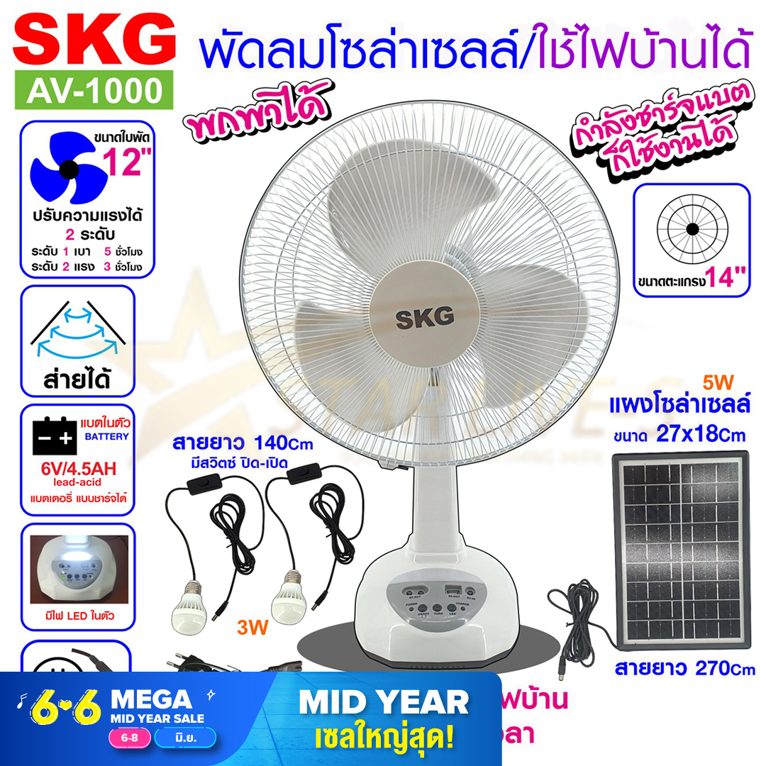 SKG รุ่น AV-1000 พัดลมโซล่าเซลล์/ใช้ไฟบ้านได้ พัดลมตั้งพื้น พัดลม SKG หน้ากว้าง 14 นิ้ว พร้อมแผงโซล่า  แบตเตอรี่ในตัว พร้อมใช้งาน